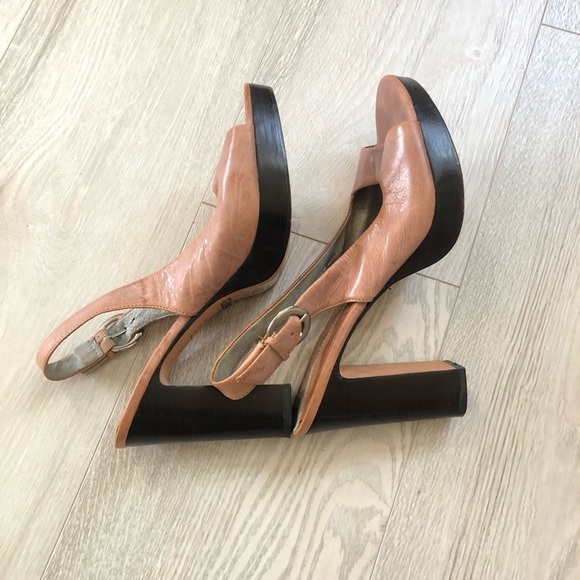 Kenneth Cole Peach Leather Slingback Open Toe Platform Wood Heels - Picture 7 of 16